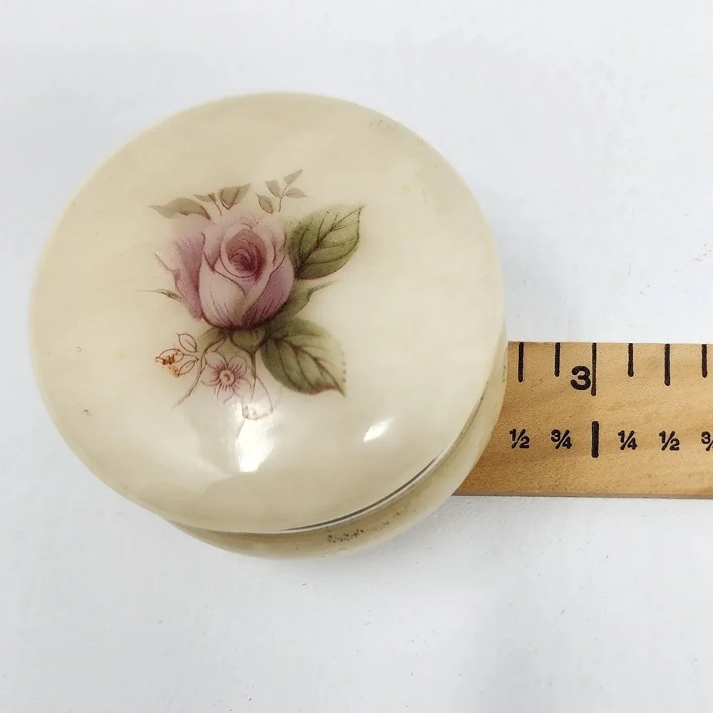 Vintage Alabaster Trinket Box Hand Painted Pink Rose Hinged Round Made in Italy